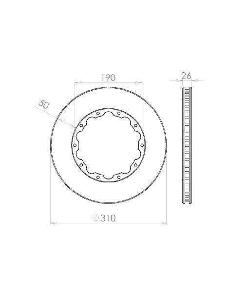 Disque de frein HISPEC 310x26mm fixation rigide 10x190mm, finition rainures droites