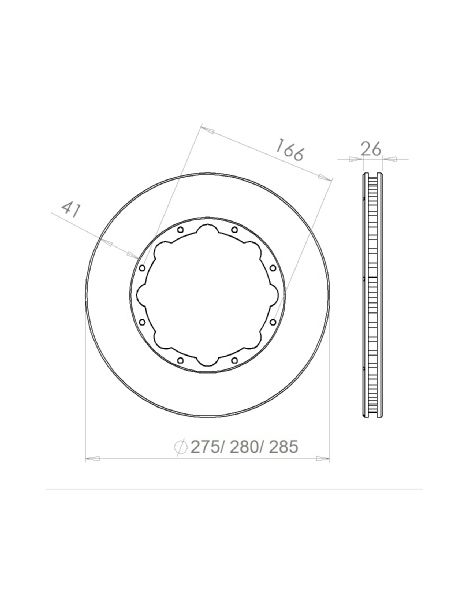 Disque de frein HISPEC 285x26mm fixation rigide 8x166mm, finition rainures droites